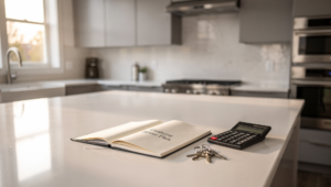 Home buying planning setup with keys, calculator, and an Elmhurst checklist.