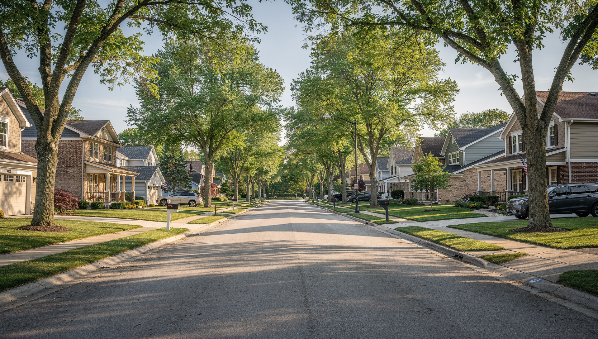 Tree-lined Elmhurst neighborhood with single-family homes on a sunny day.