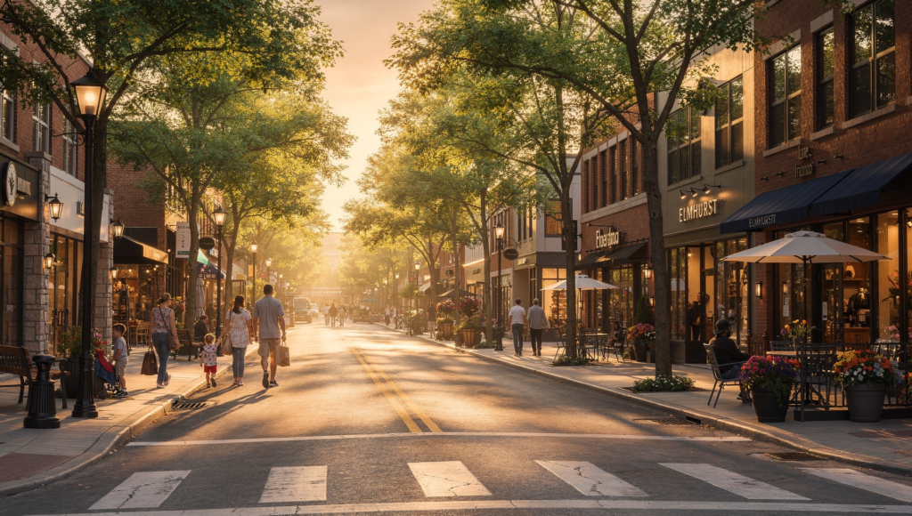 Downtown Elmhurst with shops, restaurants, and walkable streets
