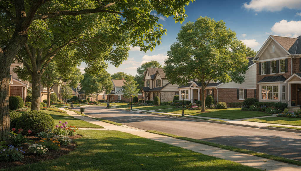 Tree lined Elmhurst neighborhood with well kept homes and sidewalks