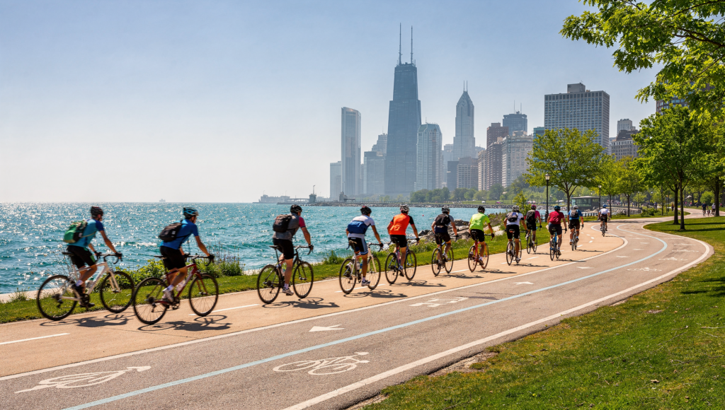 Chicago Lakefront Trail with Lake Michigan and skyline