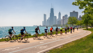 Chicago Lakefront Trail with Lake Michigan and skyline