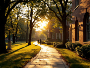 Elmhurst public school exterior in a quiet neighborhood
