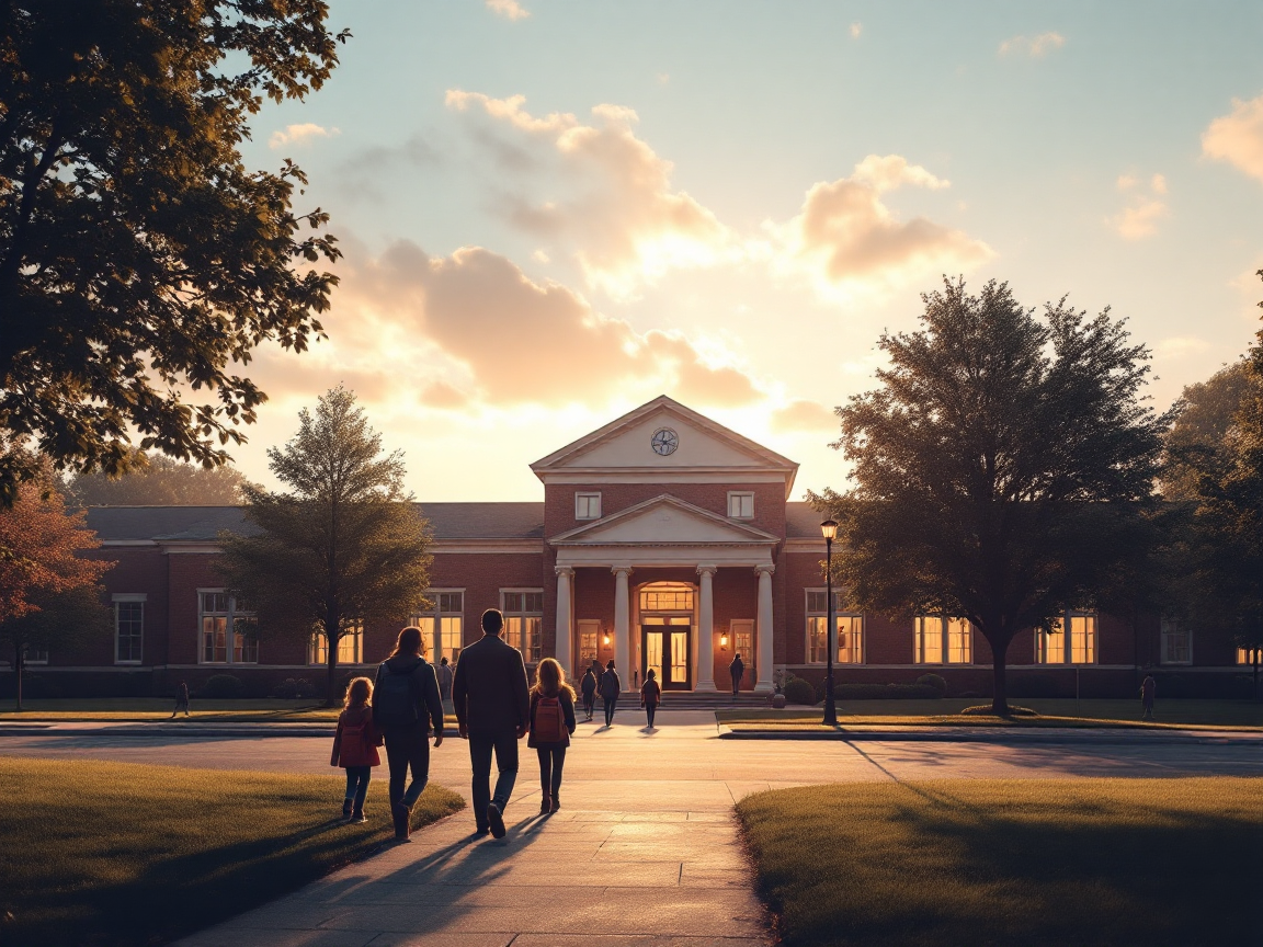 Elmhurst public school exterior in a quiet neighborhood