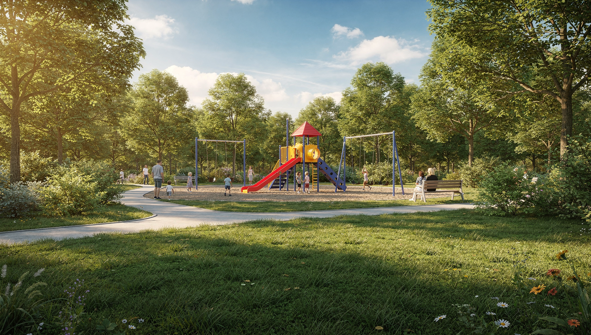Elmhurst park playground next to a walking path and open green space