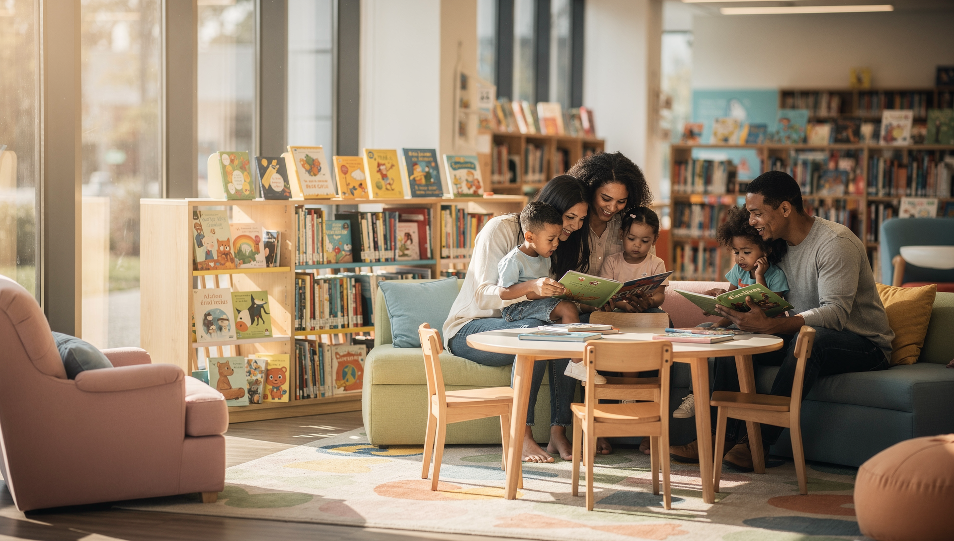 Families arriving at the Elmhurst Public Library on a sunny day