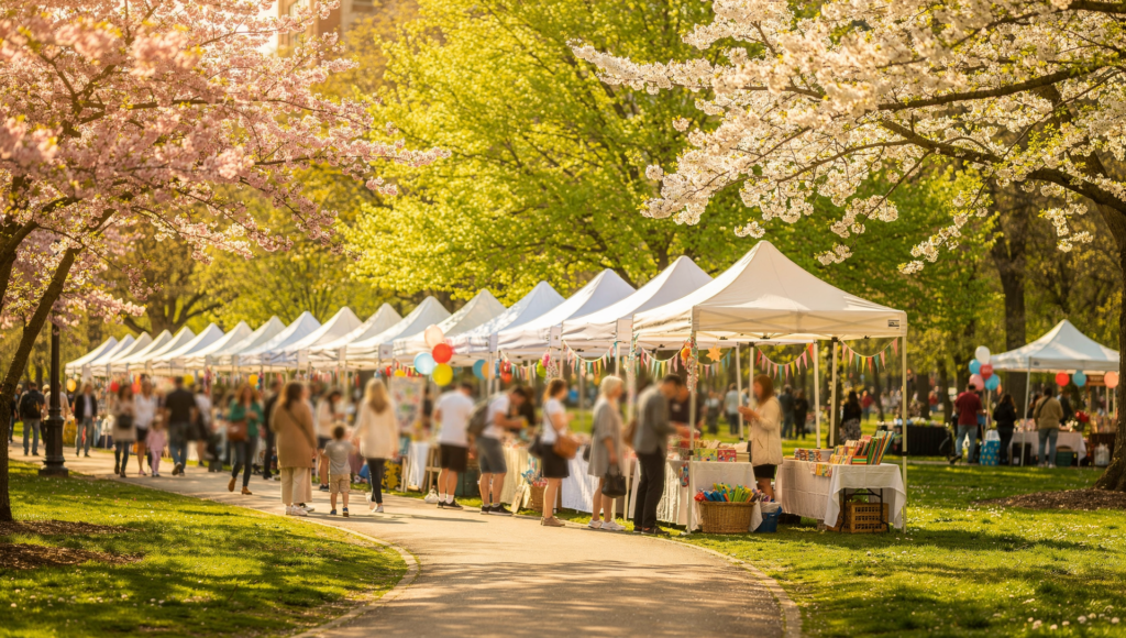 Elmhurst farmers market stalls with fresh produce and baked goods