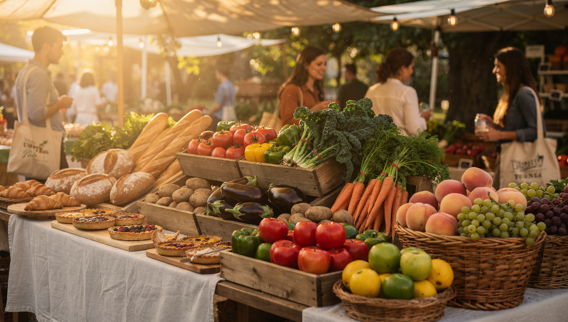 Elmhurst farmers market stalls with fresh produce and baked goods