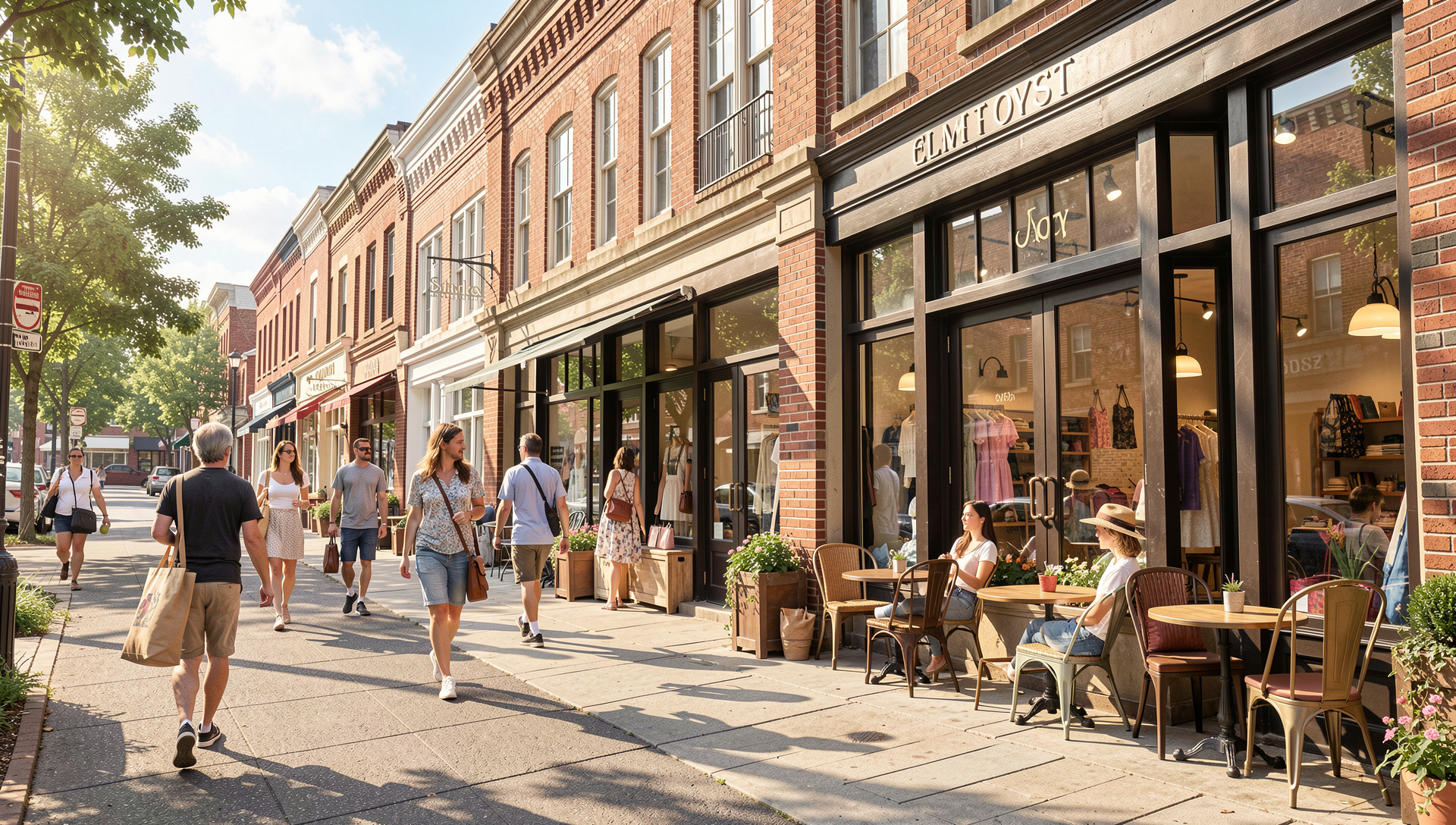 Shoppers walking past boutiques in downtown Elmhurst City Centre.