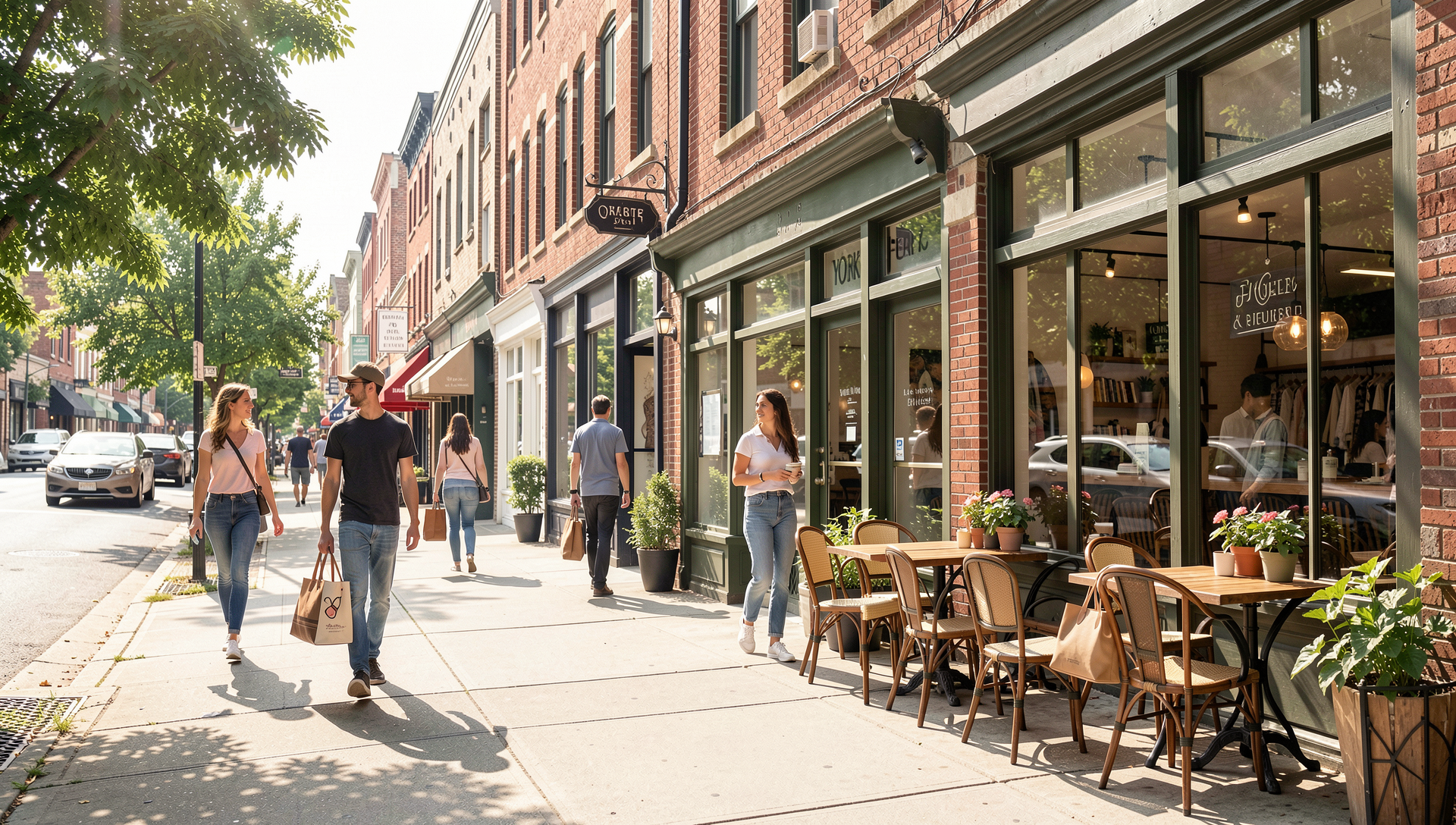 Shoppers walking past boutiques in downtown Elmhurst City Centre.