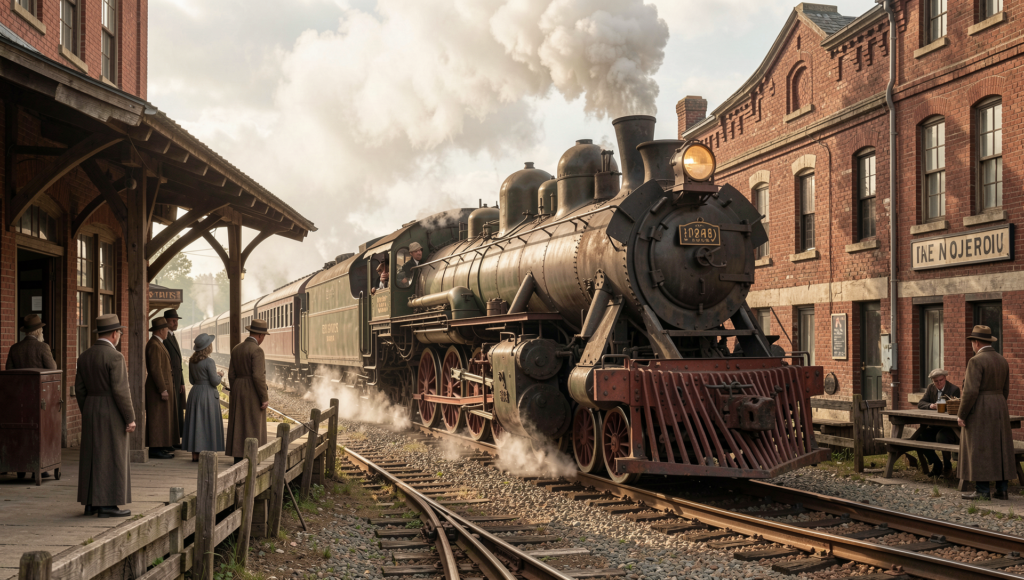 Railroad arrival scene showing how Elmhurst grew into a commuter town.